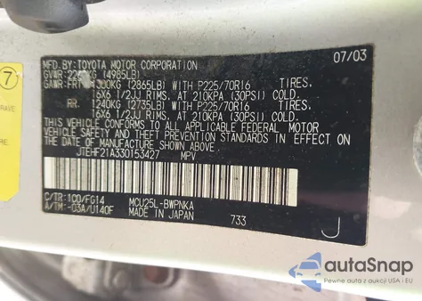 2003 Toyota Highlander V6 from USA, damaged, VIN JTEHF21A330153427